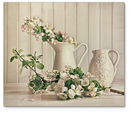 DEQORI Herdabdeckplatte Glas | einteilig 60x52 cm | Motiv Apfelblüten im Krug | Ceranfeld Abdeckplatte für Küche | Herd-Abdeckung universal | Glasplatte & Schneidebrett für Kochplatten