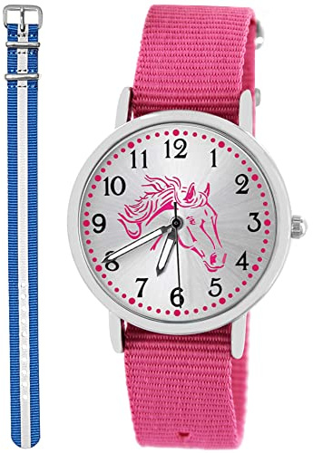 Pacific Time Kinderuhr Mädchen Pferdeuhr rosa Pferdekopf 2 Armbänder | Geschenk für Mädchen: rosa Pferdekopf, Sunray-Zifferblatt, 2 Armbänder, fluoreszierende Zeiger, 5 ATM wasserdicht