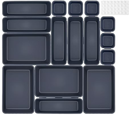 NINGESHOP 16 pièce en plastique organisateur de tiroir 3 tailles pour Papeterie bacs de rangement pour le maquillage, cuisine, rangement bureau, tiroir salle de bain, separateur tiroirs (Gris foncé)