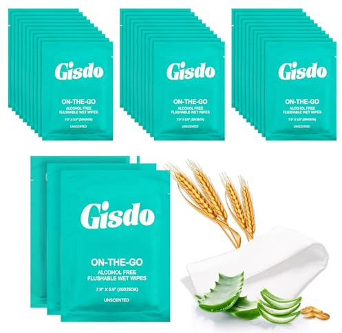 Gisdo Lot de 50 lingettes humides, sans parfum, à base de plantes, aloe vera pour les mains, nettoyage du visage, quantité suffisante, emballées individuellement, taille portable, idéales pour un