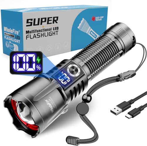 WholeFire LED Taschenlampe Aufladbar 150000 lumen, LCD Display, 5 Modi | Einstellbar Fokus, Wasserdicht, Taschenlampe Batteriebetrieben, Alu-Gehäuse, Starke Taschenlampen für Outdoor Notfall Camping