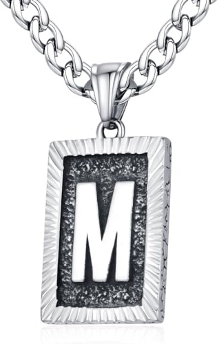 XIRUVE Herren Damen Edelstahl Buchstabe A bis Z Viereck Retro Stil Anhänger Initiale Halskette mit 6mm breite Panzerkette Länge Verstellbar M