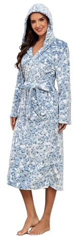 RONGTAI Accappatoio con cappuccio con stampa leopardata da donna, in pile lungo e spesso, con tasca, leggermente lussuoso, Blu, X-Large