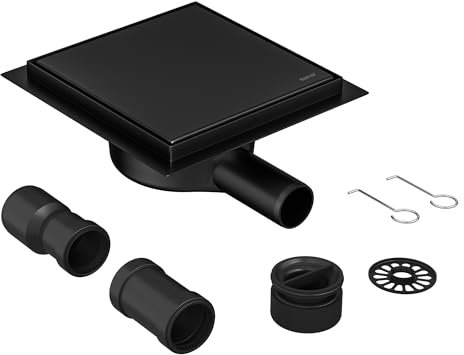 Neodrain Canalina per doccia quadrata a 360°, in acciaio inox, colore nero, con tappo antiodore, filtro per capelli e adattatore di scarico 2 in 1, piastrellabile, scarico doccia, 15 x 15 cm