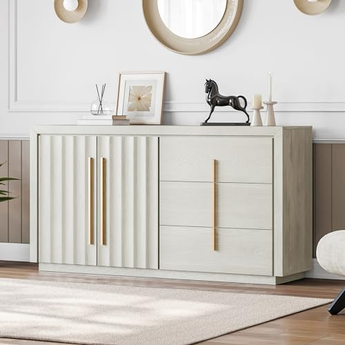 BELLEZE 64” Sideboard Buffet Cabinet, Modern Fluted Door Console Table with 3 Drawers and Adjustable Shelves, Accent Storage Cabinet for Entryway, Living Room & Dining Room - White Sand