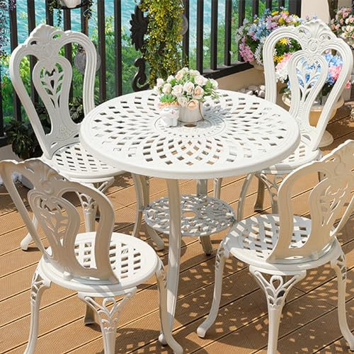 WOTZOV 5-teiliges Terrassen-Set aus Aluminiumguss, Garten-Esstisch für draußen, Couchtisch, runder Tisch, lässiger schicker Stil, sonnen- und regenfest, weiß, 78,9 cm