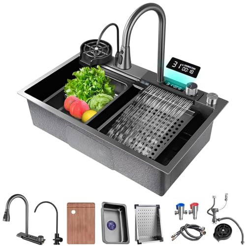 Fregadero de cocina de cascada integrado, fregadero de estación de trabajo de tazón único de acero inoxidable, fregadero moderno multifuncional con grifo de aspersor desplegable y accesorios(A,75x45x2