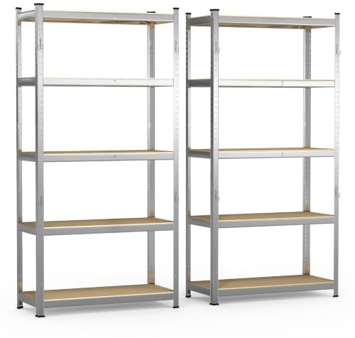 vounot® Lot de 2 Étagère de Rangement avec Crochets en Acier Galvanisé à 5 Niveaux 180x90x40cm Etagère Charge Lourde Tablette Ajustable Charge Max 875kg Idéal pour Rangement de Garage Atelier Cuisine