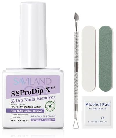 SAVILAND Pro Dip Nail Remover Set: 15 ml dipppulverborttagare för naglar Ricinolja och E-vitamin Nageldipppulverborttagare Ingen blötläggning eller inslagning krävs med nagelskrapa för effektiv