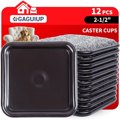 2 1/2 Square Carpet Bottom Furniture Caster Cups, Reusable Furniture Sliders for Hardwood Floors, Felt Furniture Pads Coasters to Protect Tile or Laminate Floors from Scratches, Brown/Gray (12 Pack)