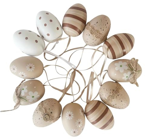 12 Pcs Ostereier Zum Aufhängen,Ostereier Deko,Styroporeier,Braun Weiß Ornament Für Osterkörbchen Ostern Geschenke,6cm Nature Plastikeier Für Ostern Deko