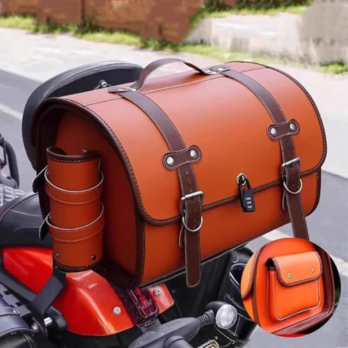 ZKSJFU Motorcycle Tail Bag for Harley Davidson Fat Bob 1979-2023, Waterproof Leather Multifunctional Storage Retro Style 33l Large Capacity Saddle Bag Travel Luggage/Trunk,C