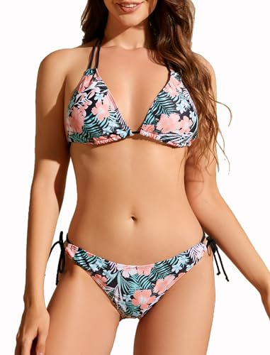 Giyaluzw Dambikiniset sexig brasiliansk stil, triangelbikinis sport strand baddräkt för kvinnor, andningsaktiv och hållbar, blomma, M