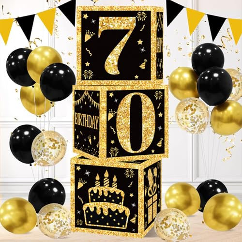 Scatole Decorative Per Il 70° Compleanno Di Uomo Donna, 3pezzi Oro Nero Scatole Per Palloncini 70 Anni Compleanno, Regalo 70 Anni Addobbi Compleano Da Festa, Decorazione Festa Oro Nero Per 70th