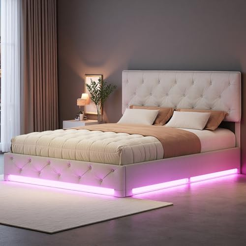 Doppelbett Polsterbett 140x200 mit Bettkasten, LED Bett mit Stauraum und Lattenrost, Verstellbares Kopfteil, Hydraulisch Stauraumbett Jugendbett Bettgestell, Ohne Matratze (Beige Leinen, 140 x 200 cm)