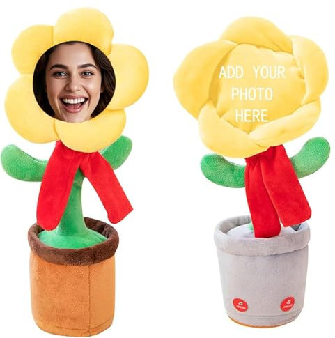 Dancing Flower with Custom Face,Custom Dancing Talking Sunflower Toy,Repeats What You Say Sings Mimicks Records Songs,Personalized Funny Gifts for Birthday& Festival (Battery-Yellow)
