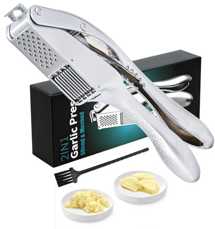 Garlic Press and Slicer 2 in 1, Rust Proof & Dishwasher Safe Professional Garlic Mincer Tool, Effortlessly Crush and Mince Garlic with this Ergonomic Handle-Garlic Slicer & Brush ANCQMI(Pear white)