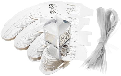 Zerodeko 50 Stück Ramadan Süßigkeitenboxen mit Stern Mond Silber Reflektierend mit Bändern Faltbare Papier Geschenkboxen für Eid Mubarak Hochzeitsfeiern und Muslimische Festlichkeiten