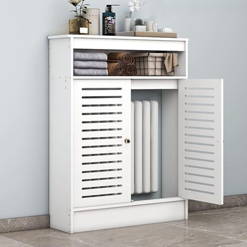 Armario con cubierta de radiador con persianas, estante de almacenamiento decorativo blanco con 2 puertas, gabinete de piso para sala de estar y baño, organizador de cubierta de calefacción (39.3 x