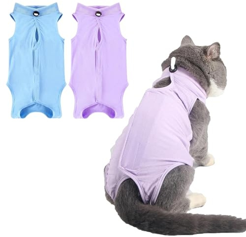 2PCS Cat Recovery Suit for After Surgery,Anti-Lick Cat Onesie Bodysuit,Breathable Soft Spay Surgical Recovery Clothes for Cats Kittens,E-Collar & Cone Alternative (Purple Blue, M)