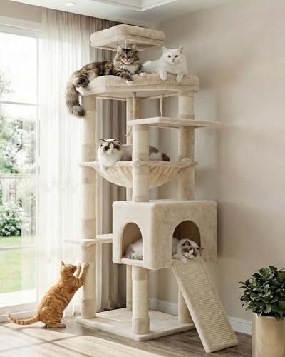 Heybly Kratzbaum, 163 cm Hoher Stabiler Katzenbaum Beige HCT027M | Mit Verbreiterter Basis, Großen Liegeflächen, Extragroßer Hängematte, Sisal-Stämmen Und -Kratzbrettern, Katzenhöhle