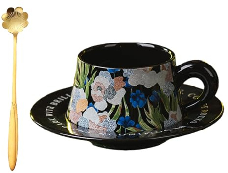 Genérico Vintage Iris Coffee Mug with Saucer Set-Couples Cups, Elegant Floral Ceramic Tea Cup Set, Engagement Wedding Housewarming Birthday Mug Gift for Friend Leader Bestie