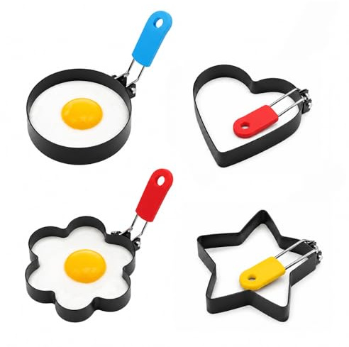 Non-Stick Egg Ring Set (4 Various Shapes) - Muffin Rings for Breakfast, BBQ & Portable Cooking - Ideal for English Muffins, Pancakes, Sandwiches, Burgers