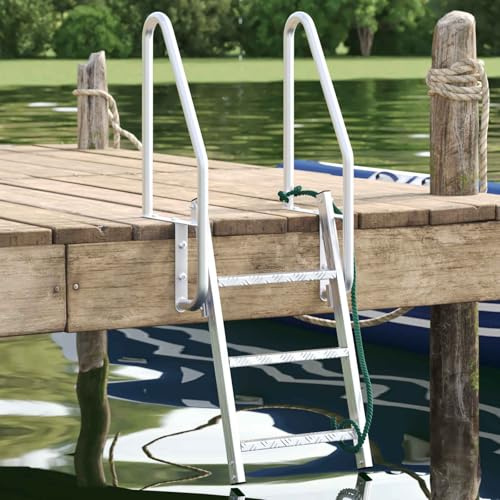 Kaloriko 3-stegs dockstege silver aluminium med vikfunktion 58 x 77 x 144 cm, halkfria steg, lätta badstege för båt, yacht, bro och pool, inklusive fastsättning och repstege tillbehör