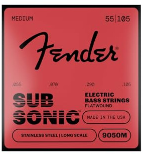 Fender Stainless 9050's Bass Strings, Stainless Steel Flatwound, 9050M .055-.105 Gauges, (4)