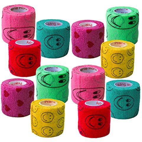 5,1 cm Vet Wrap Tape Bulk (Lächelmuster in Gelb, Rot, Blaugrün, Neongrün, Neonrosa und Rosa mit rotem Herzmuster) (24 Stück) selbstklebende haftende Flex-Bandage Grip Rolle Hund Katze