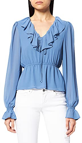 NA-KD Blusa de Gasa con Cuello en V y Volantes, Azul, 32 para Mujer