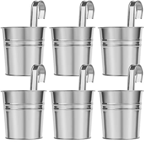 LIHAO 6 x Hängetöpfe Metall Set Pflanztopf Blumentöpfe zum Aufhängen Eisen Hängeblumentöpfe mit abnehmbarem Griff Haken für Blumen Kräuter Sukkulenten Pflanzen (Silber)