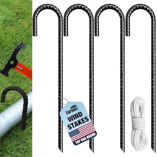Eurmax USA Trampolinpfähle, robuste Erdspieße, Baldachin, Teile, Windpfahl mit Seil, 30,5 cm, robuster Pfahl, Sicherheits-Bodenanker, verzinkter Stahl, J-Form, 4 Stück (schwarz)