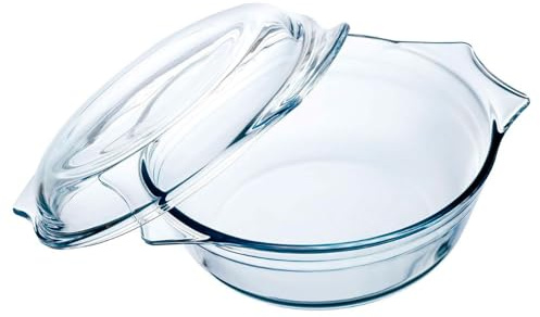 Tradineur - Cacerola redonda de vidrio con tapa, de 11 x 27 x 23 cm, con capacidad de 3 litros. Recipiente de cristal para realizar labores en cocina o pastelería. Molde de cristal para horno