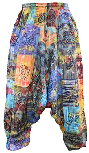 Gheri Pantalones de los hombres multicolor patchwork cintura elástica harem Genie pantalones, Parche Tie Dye, L/XL