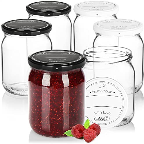 com-four® 6x Einmachgläser mit Schraub-Deckel Homemade with love in schwarz und weiß - TO Ø 82 mm - bis zu ca. 540 ml