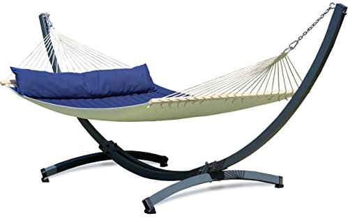 Potenza Outdoor Panama Hängematte mit Aluminium Gestell für 2 Personen I Stabhängematte XXL 210x140, 200kg I Hängemattengestell 200kg Wetterfest (Blau, Basic Gestell Graphit)