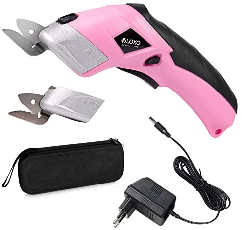 VLOXO Ciseaux Électriques Sans Fil, Ciseaux Electrique Tissu Couture avec 2 Lames, Electric Scissors pour Coupe Tissu, Carton, Cuir, Tapis, Papier, Artisanat et Bricolage – Rose