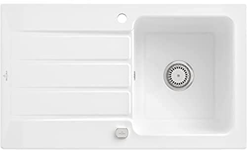 Villeroy & Boch Architectura 50 Küchenspüle, Spülbecken mit zwei Hahnlöchern, Spüle inkl. Ablaufgarnitur mit Excenterbetätigung, Einbauspüle aus Keramik, 860 x 510 mm, Weiß Alpin CeramicPlus