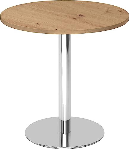 bümö Besprechungstisch, Esstisch klein, Tisch rund 80 cm - Kleiner Esstisch Asteiche, Rundtisch Esstisch 2 Personen mit Holz-Platte, Säule aus Metall verchromt, Konferenztisch, Bistrotisch