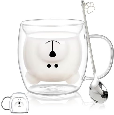 Binoster Bear Cup Cute Mugs for Women Glass Double Wall Insulated Glasses Espresso Cup, Coffee Cup, Tea Cup, Milk Cup, Best Gift for Women Birthday Christmas Office and Personal