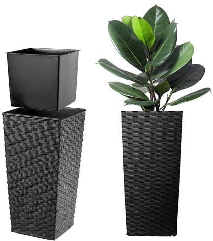 KADAX Pflanzkübel mit Innentopf, Höhe 57cm, 29x29cm, ca. 24L – Rattan-Optik Schwarz, Frostsicherer Blumentopf für Innen & Außen, Garten, Balkon & Terrasse, UV-beständig, wetterfest