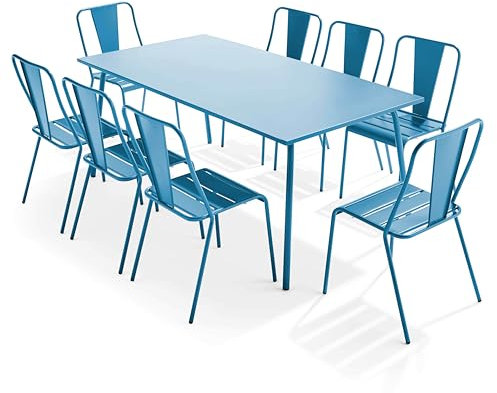 Oviala Palavas Gartentisch und 8 Bistrostühle aus Stahl, Blau Pacific