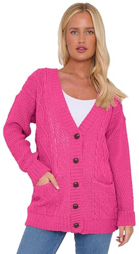 AJFASHION Womans Cardigan Ladies Cable Chunky Knit Cardigan Button Long Sleeves Grandad Cardigans Jumper UK Plus Small Sizes (Fuchsia, UK 24-26)