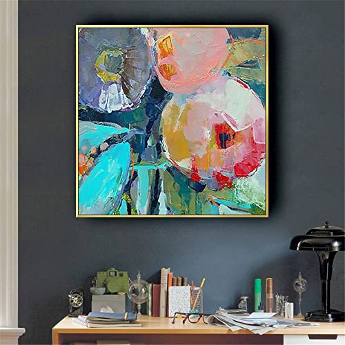 Ölbilder Auf Leinwand Handgemalt,Moderne Abstrakte Blumen Kunst Acrylmalerei 100% Handgemaltes Tulpen Kunstwerk Extra Große Wandkunst Rahmenlose Coole Gemälde Wohnkultur Für Wohnzimmer,60X60Cm(24