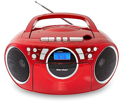 Karcher RR 5042-R tragbares CD Radio/Boombox mit CD-Player und Kassettenspieler (UKW, Batterie-/Netzbetrieb, AUX-In) rot