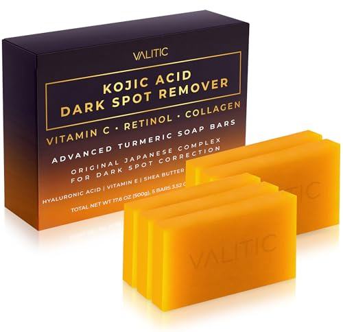 VALITIC Kojic Acid Dark Spot Remover Soap Bars with Vitamin C, Retinol, Collagen, Turmeric - Original Japanese Complex Infused with Hyaluronic Acid, Vitamin E, Shea Butter, Castile Olive Oil - 5 Pack
