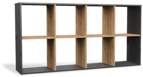 CDF Bücherregal mit 8 Fächern Würfelregal offenen Würfeln für Wohnzimmer | Studio 2x4 Regal Stufenregal Ordnungssystem für Bücher Deko Fotos Arbeitszimmer Flur Eiche Artisan/Anthrazit 30x147x75 cm