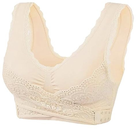 Kendally Bra, Front Criss Cross Bras Side Buckle Lace Sports Bras Wireless Hides Back Fat Bra with Removable Pad Plus Size Push Up for Women (Beige,XXL)