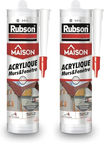 Rubson Mastic Perfect Home Acrylique Murs & Fenêtres, mastic acrylique gris pour intérieur & extérieur, comble fissure, joint porte et fenêtre, 280 ml (Lot de 2)